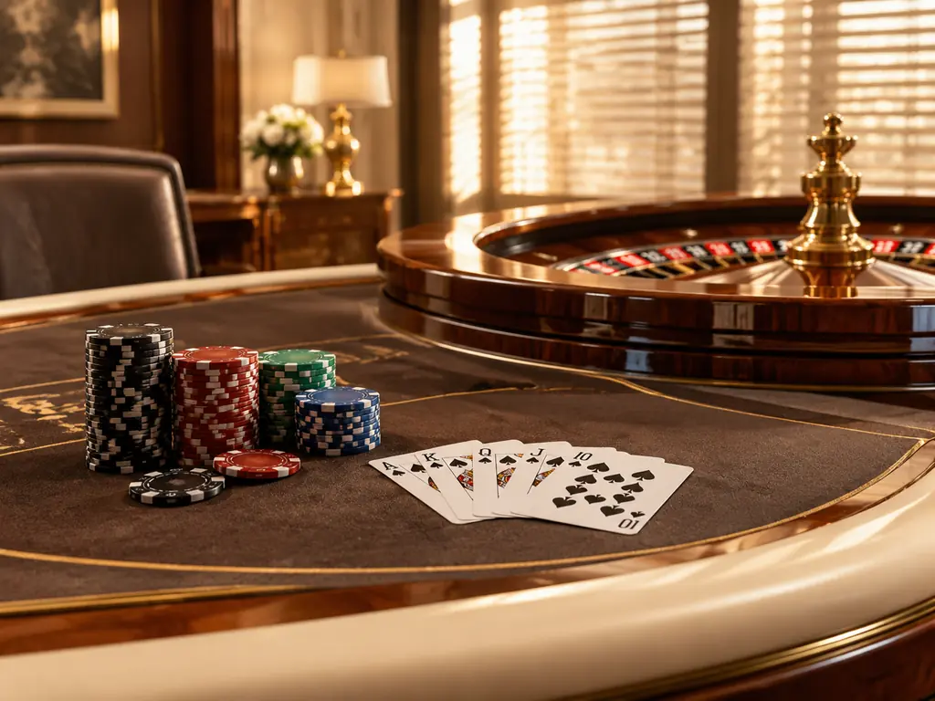 Meja kartu dan sudut roulette dalam ruang kasino hangat