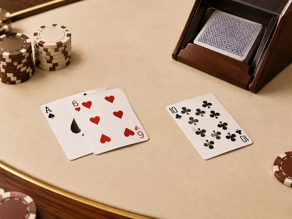 Tangan kartu blackjack di samping sepatu kartu dealer