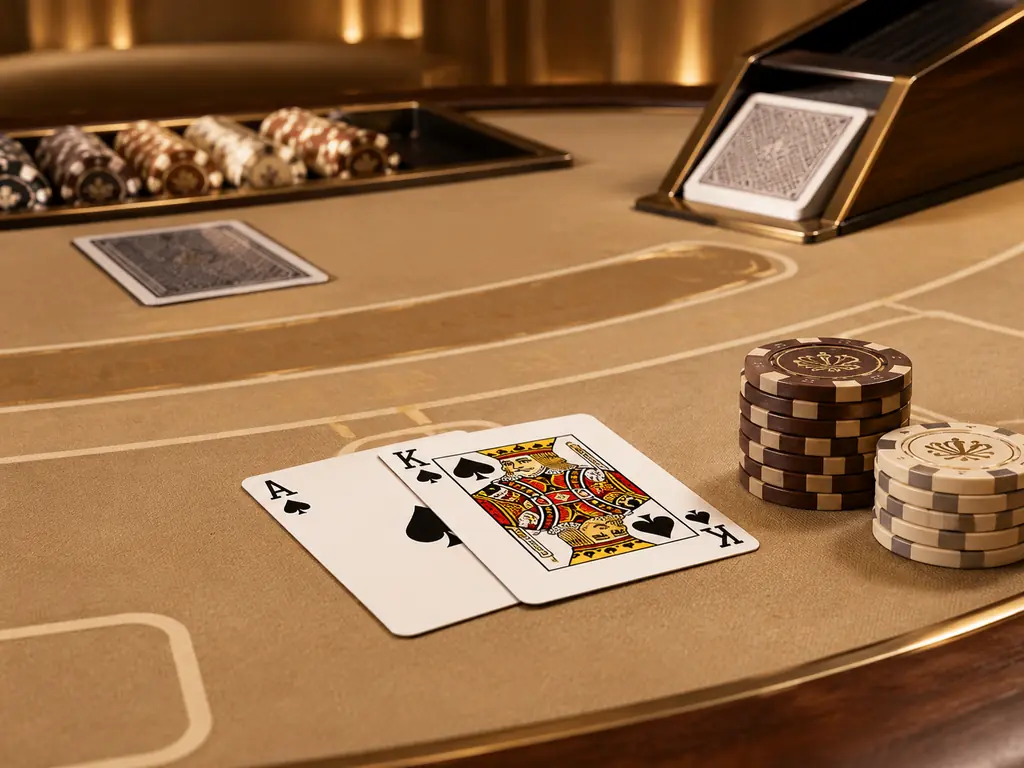 Kartu remi dan cip pada meja blackjack