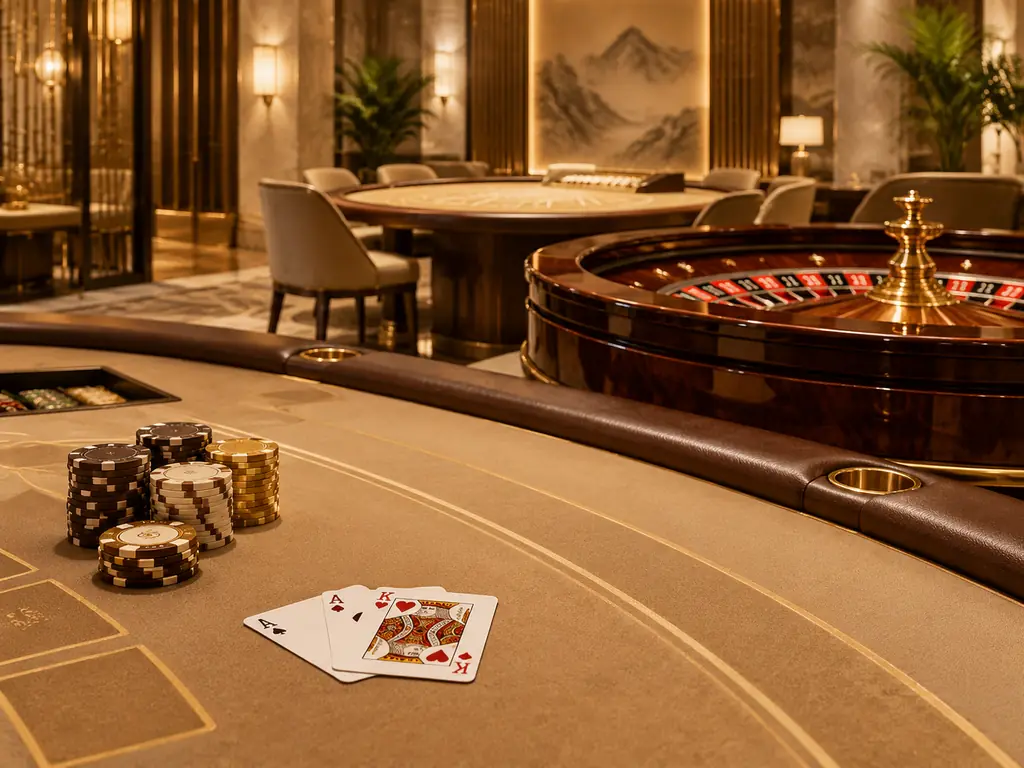 Meja kasino dengan kartu, chip dan roda roulette dalam warna hangat