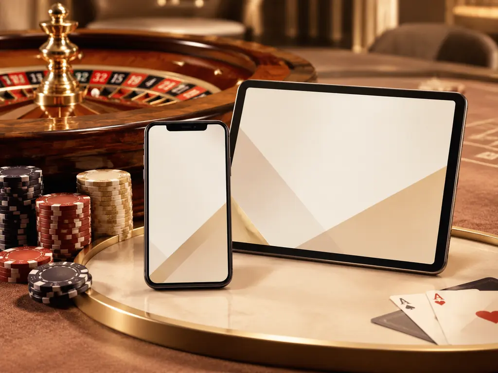 Ponsel dan tablet di dekat roda roulette kasino