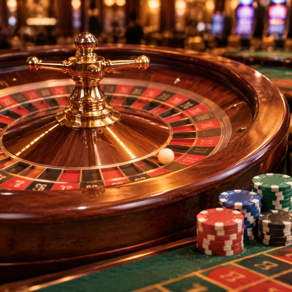 Roda roulette kayu dengan bola putih dan cip